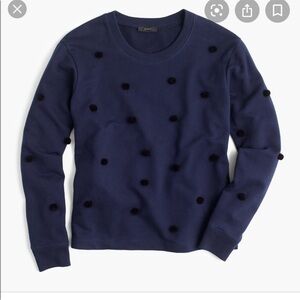J Crew Navy Blue Cotton Crewneck Sweater with Black Puff Ball Details Size Small